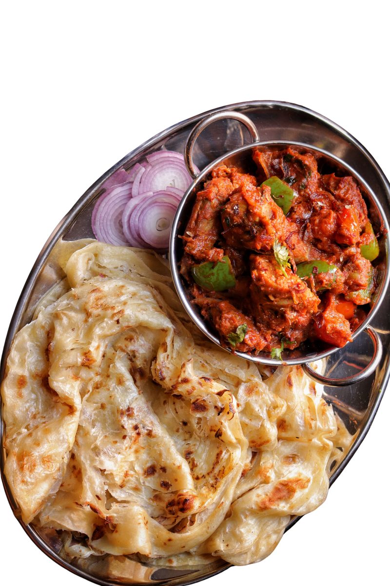 Chicken curry served with kothu parotta