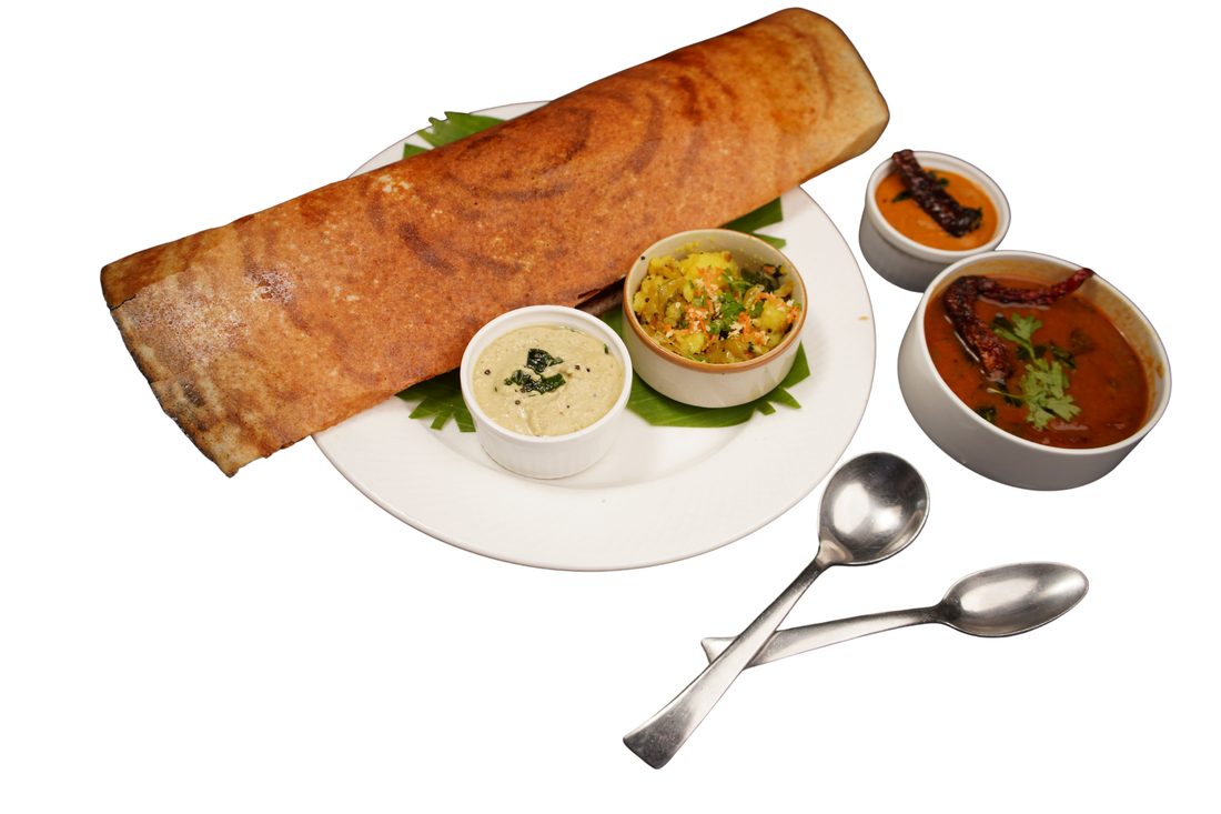 Dosa served with chutney and sambar